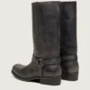 Bottes motardes hautes pour femme en cuir noir avec bride et boucle argentée