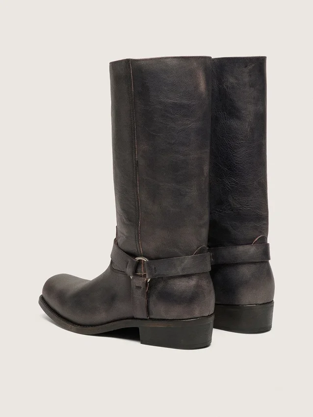 Bottes motardes hautes pour femme en cuir noir avec bride et boucle argentée