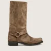 Bottes motardes hautes pour femme en daim ciré beige foncé, avec bride et boucle argentée