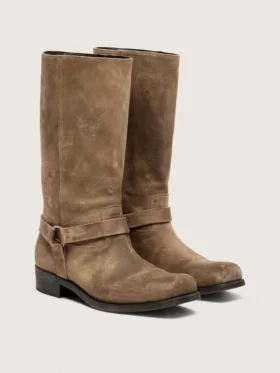 Bottes motardes hautes pour femme en daim ciré beige foncé, avec bride et boucle argentée