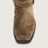 Bottes motardes hautes pour femme en daim ciré beige foncé, avec bride et boucle argentée