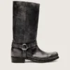 Bottes motardes hautes pour homme en cuir noir avec bride et boucle argentée