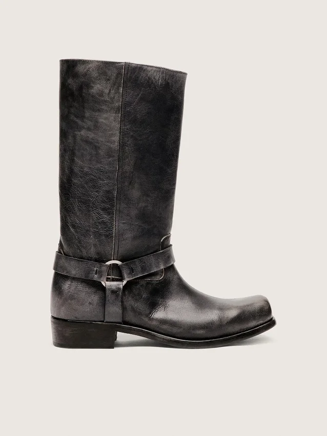 Bottes motardes hautes pour homme en cuir noir avec bride et boucle argentée