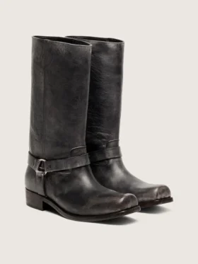 Bottes motardes hautes pour homme en cuir noir avec bride et boucle argentée