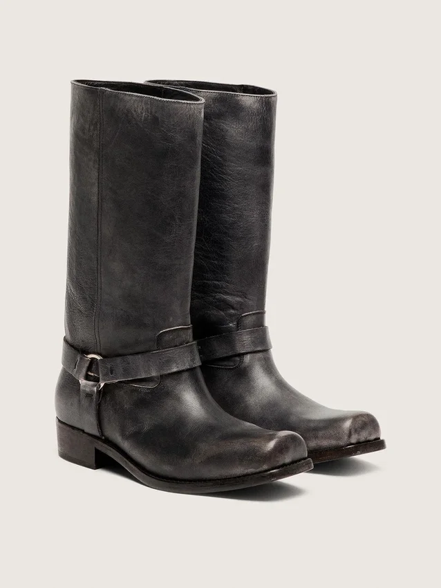 Bottes motardes hautes pour homme en cuir noir avec bride et boucle argentée