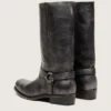 Bottes motardes hautes pour homme en cuir noir avec bride et boucle argentée