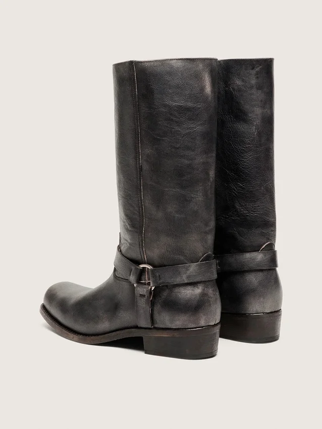 Bottes motardes hautes pour homme en cuir noir avec bride et boucle argentée