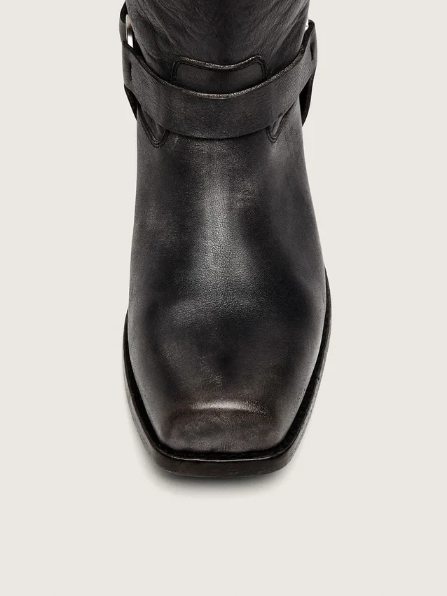 Bottes motardes hautes pour homme en cuir noir avec bride et boucle argentée