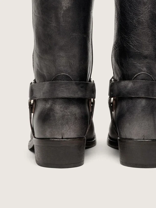 Bottes motardes hautes pour homme en cuir noir avec bride et boucle argentée