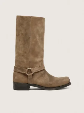Bottes motardes hautes pour homme en daim ciré beige foncé, avec bride et boucle argentée