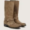 Bottes motardes hautes pour homme en daim ciré beige foncé, avec bride et boucle argentée