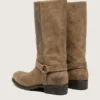 Bottes motardes hautes pour homme en daim ciré beige foncé, avec bride et boucle argentée