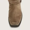 Bottes motardes hautes pour homme en daim ciré beige foncé, avec bride et boucle argentée