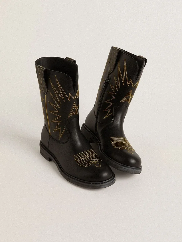 Bottes Wish Junior en cuir noir avec broderie d'étoile jaune
