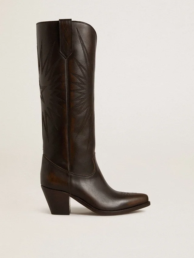 Bottes Wish Star en cuir marron foncé avec étoile brodée ton sur ton