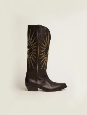 Bottes Wish Star en cuir noir avec étoile incrustée en cuir laminé platine