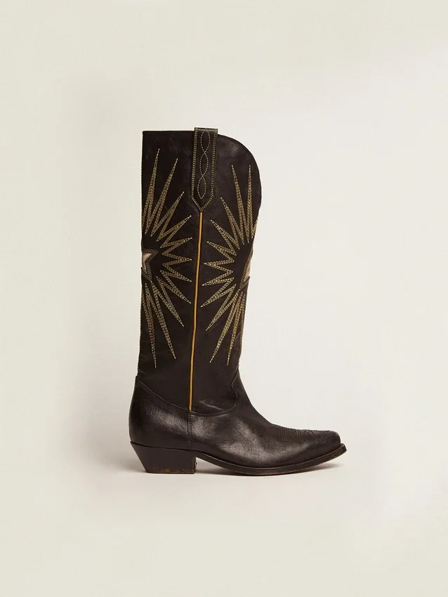Bottes Wish Star en cuir noir avec étoile incrustée en cuir laminé platine
