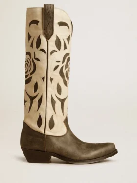 Bottes Wish Star en cuir noir et blanc avec incrustations de roses et d’étoiles