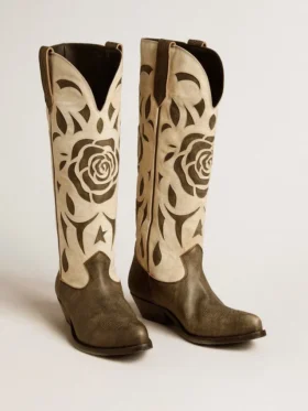 Bottes Wish Star en cuir noir et blanc avec incrustations de roses et d’étoiles