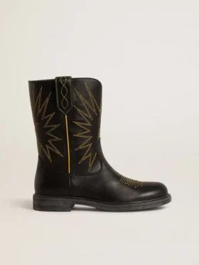 Bottes Wish Teen en cuir noir avec étoile brodée jaune