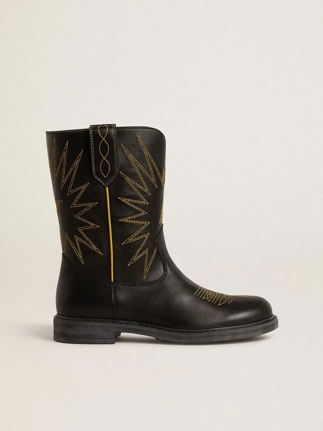 Bottes Wish Teen en cuir noir avec étoile brodée jaune