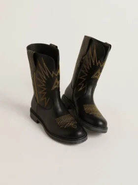 Bottes Wish Teen en cuir noir avec étoile brodée jaune