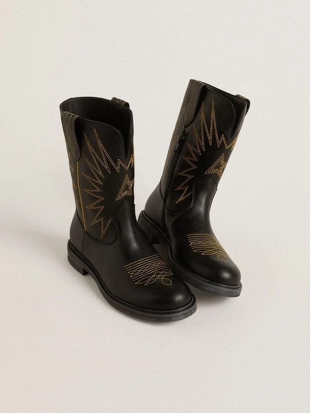 Bottes Wish Teen en cuir noir avec étoile brodée jaune