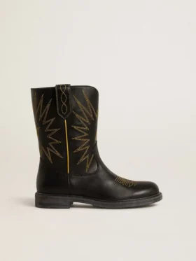 Bottes Wish Young en cuir noir avec broderie étoile jaune