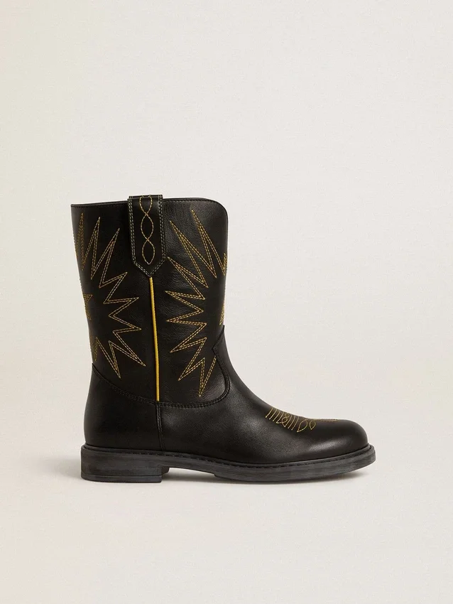 Bottes Wish Young en cuir noir avec broderie étoile jaune
