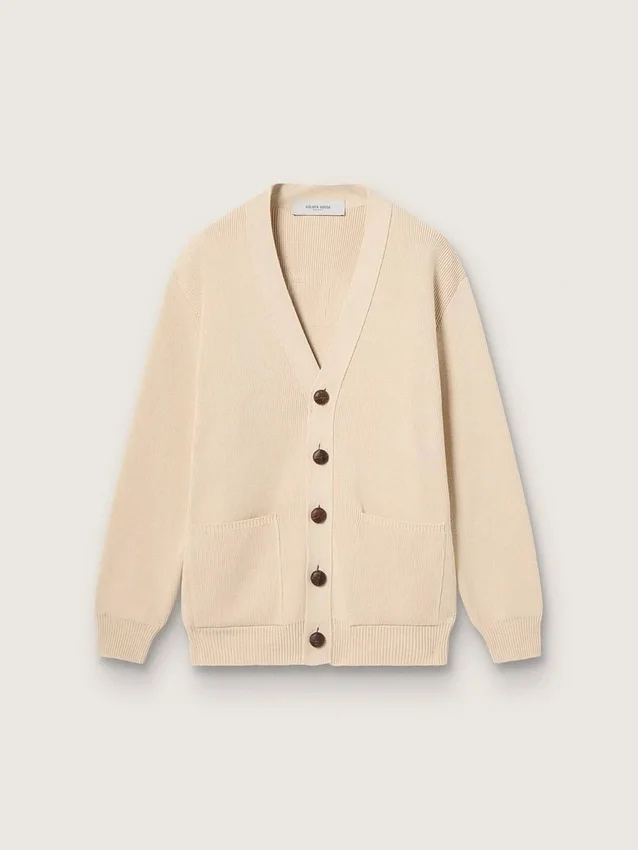 Cardigan beige pour femme avec inscription « Golden » dans le dos