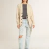 Cardigan beige pour femme avec inscription « Golden » dans le dos