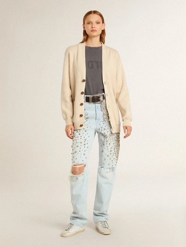 Cardigan beige pour femme avec inscription « Golden » dans le dos