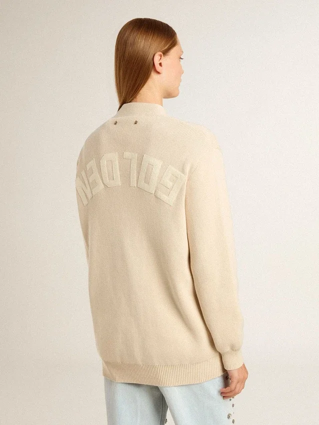 Cardigan beige pour femme avec inscription « Golden » dans le dos