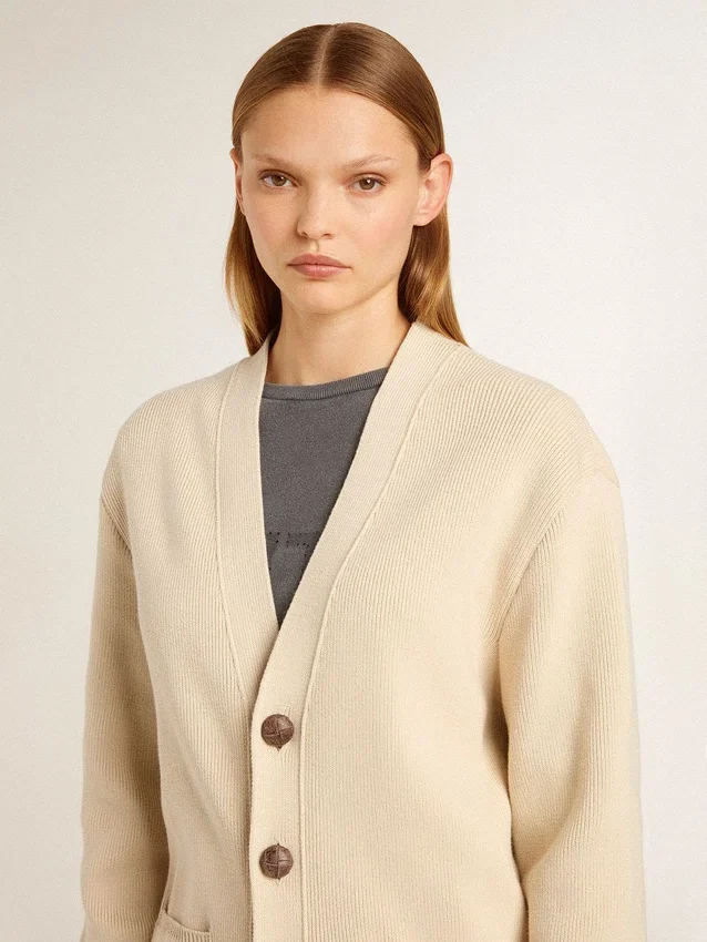 Cardigan beige pour femme avec inscription « Golden » dans le dos