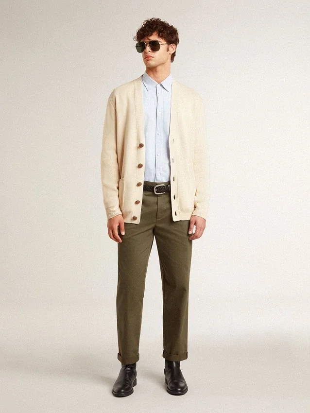 Cardigan beige pour homme avec inscription « Golden » dans le dos