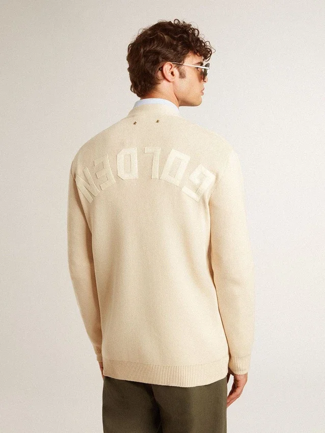 Cardigan beige pour homme avec inscription « Golden » dans le dos