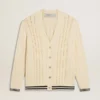 Cardigan blanc en coton pour homme avec motif torsadé et bordures en côtes bleues