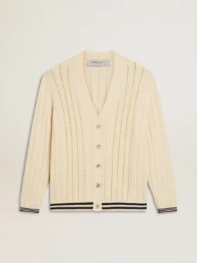 Cardigan blanc en coton pour homme avec motif torsadé et bordures en côtes bleues