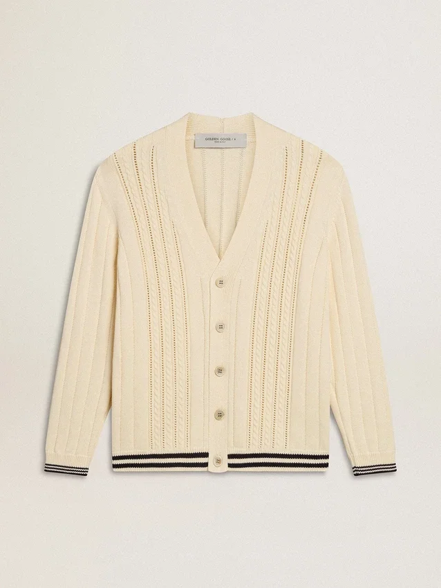 Cardigan blanc en coton pour homme avec motif torsadé et bordures en côtes bleues
