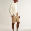 Cardigan blanc en coton pour homme avec motif torsadé et bordures en côtes bleues