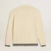 Cardigan blanc en coton pour homme avec motif torsadé et bordures en côtes bleues