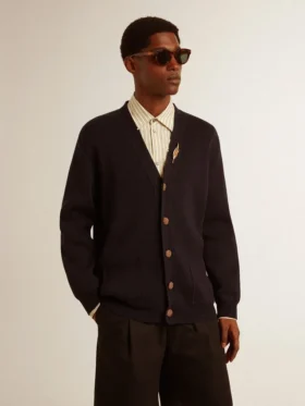 Cardigan de la Golden Collection en coton bleu foncé avec une finition usée