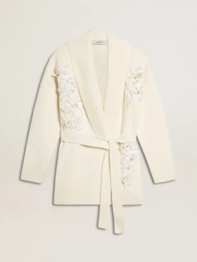 Cardigan en coton couleur crème pour femme avec broderies florales