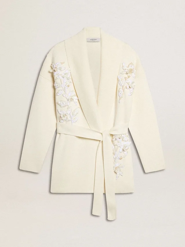 Cardigan en coton couleur crème pour femme avec broderies florales
