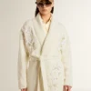 Cardigan en coton couleur crème pour femme avec broderies florales