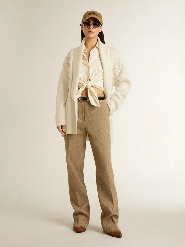 Cardigan en coton couleur crème pour femme avec broderies florales