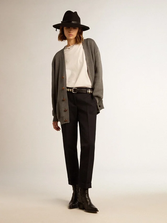 Cardigan en coton gris chiné pour femme avec logo dans le dos