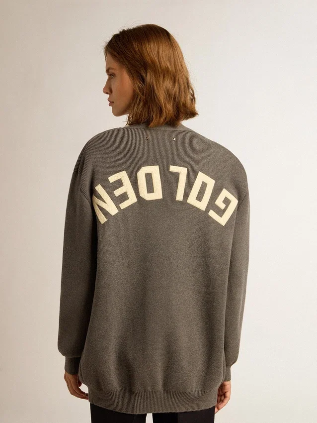 Cardigan en coton gris chiné pour femme avec logo dans le dos