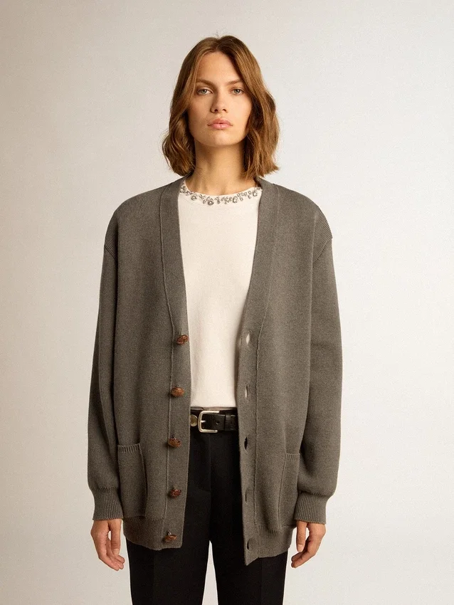 Cardigan en coton gris chiné pour femme avec logo dans le dos