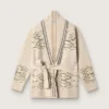 Cardigan femme à ceinture en mélange de laine beige avec broderies contrastées